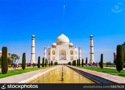 The Taj Mahal is a white marble mausoleum located in the Indian city of Agra. It is one of Seven Wonders of the World.