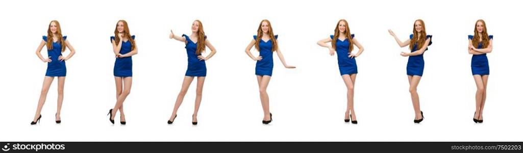 The tall model in blue dress isolated on white. Tall model in blue dress isolated on white