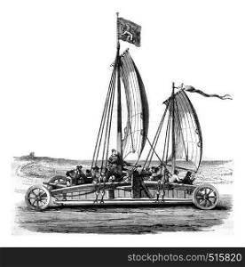 The tank has sails scheveling, vintage engraved illustration. Magasin Pittoresque 1844.