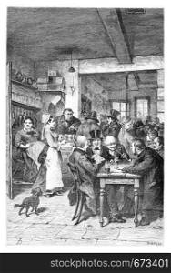 The Tavern in Brussels, Belgium, drawing by Hoese, vintage illustration. Le Tour du Monde, Travel Journal, 1881
