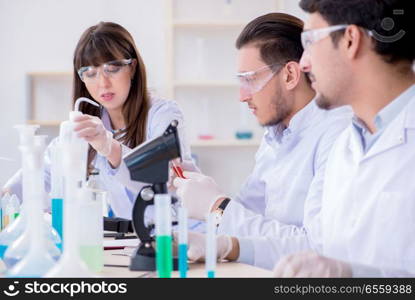 The team of chemists working in the lab. Team of chemists working in the lab