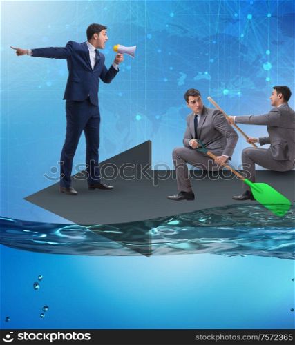 The teamwork concept with businessmen on boat. Teamwork concept with businessmen on boat