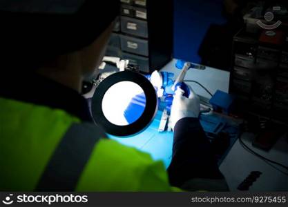 The technician must use bright lights and a magnifying glass to check the detail of the workpiece. the 3D printer&rsquo;s printout.