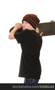 The teenager with a skateboard and in a hat isolated on white background