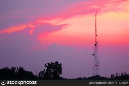 the telecommunication pole with beautiful sky in twilight time background