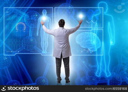 The telemedicine concept with doctor pressing virtual buttons. Telemedicine concept with doctor pressing virtual buttons. The telemedicine concept with doctor pressing virtual buttons