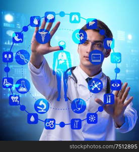 The telemedicine concept with doctor pressing virtual buttons. Telemedicine concept with doctor pressing virtual buttons