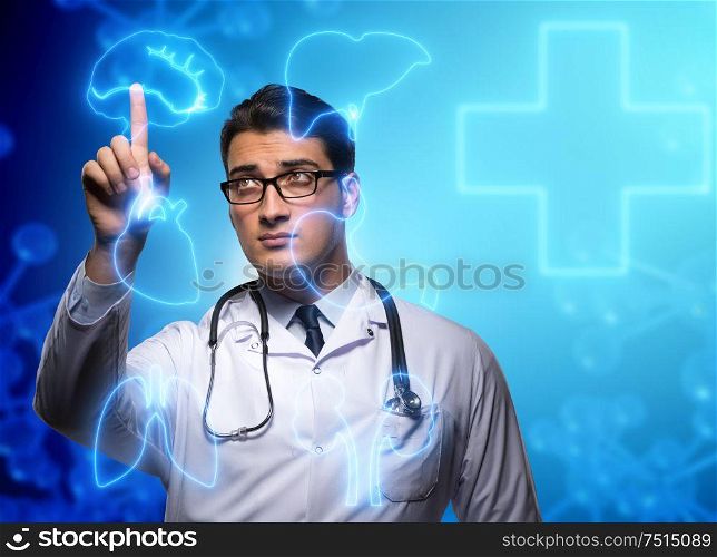 The telemedicine concept with doctor pressing virtual buttons. Telemedicine concept with doctor pressing virtual buttons