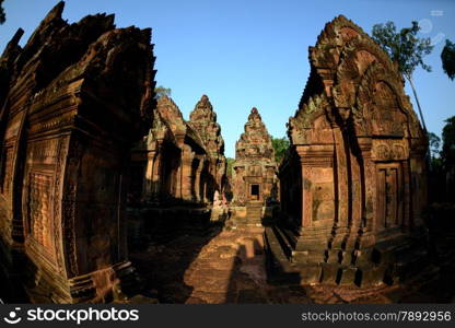 The Tempel Ruin of Banteay Srei about 32 Km north of the Temple City of Angkor near the City of Siem Riep in the west of Cambodia.. ASIA CAMBODIA ANGKOR BANTEAY SREI