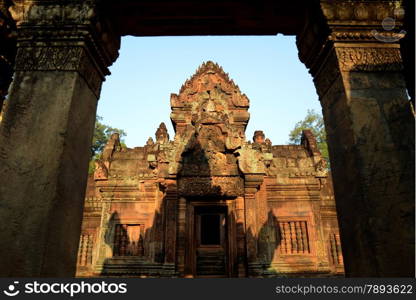 The Tempel Ruin of Banteay Srei about 32 Km north of the Temple City of Angkor near the City of Siem Riep in the west of Cambodia.. ASIA CAMBODIA ANGKOR BANTEAY SREI