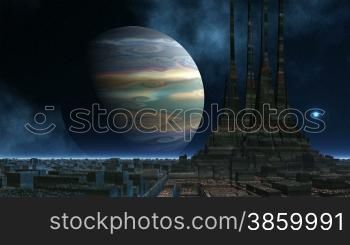 The temple of aliens consisting of high sharp towers costs against the gas giant. The gas giant rotates in the night star sky. Nebulas flicker, the moon brightly shines. The horizon is covered with a white being shone fog.