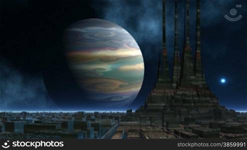 The temple of aliens consisting of high sharp towers costs against the gas giant. The gas giant rotates in the night star sky. Nebulas flicker, the moon brightly shines. The horizon is covered with a white being shone fog.