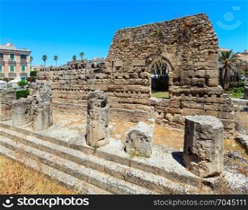 The Temple of Apollo ruins (ancient Greek monuments on Ortygia island) in Syracuse, Sicily, Italy. Beautiful travel photo of Sicily.