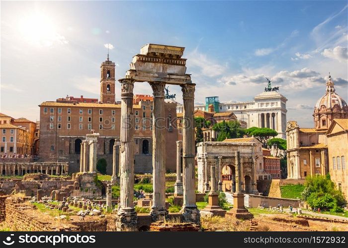 The Temple of Castor and Pollux in the Roman Forum, Rome, Italy.