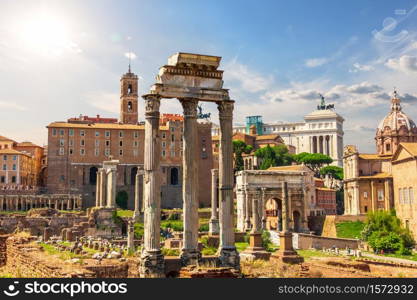 The Temple of Castor and Pollux in the Roman Forum, Rome, Italy.
