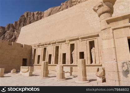 The temple of Hatshepsut near Luxor in Egypt. Statues of Queen Hatshepsut as Osiris, the god of the dead, at her temple in Luxor