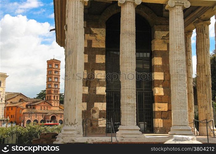 The temple Portun and the church of Santa Maria in Kosmedin in Rome, Italy