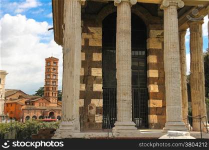The temple Portun and the church of Santa Maria in Kosmedin in Rome, Italy