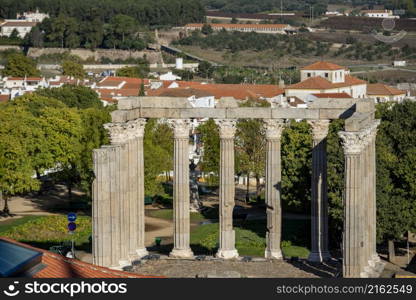 the Templo de Diana or Templo Romana on the Largo do Conde de Vila Flor in the old Town of the city Evora in Alentejo in Portugal. Portugal, Evora, October, 2021