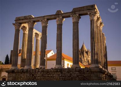 the Templo de Diana or Templo Romana on the Largo do Conde de Vila Flor in the old Town of the city Evora in Alentejo in Portugal. Portugal, Evora, October, 2021