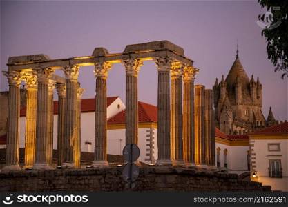 the Templo de Diana or Templo Romana on the Largo do Conde de Vila Flor in the old Town of the city Evora in Alentejo in Portugal. Portugal, Evora, October, 2021