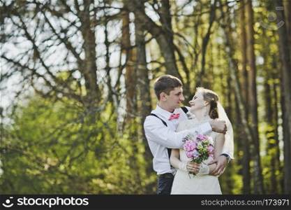 The tender embrace of the newlyweds in the woods.. Newlyweds hugging on the background of the forest 3975.