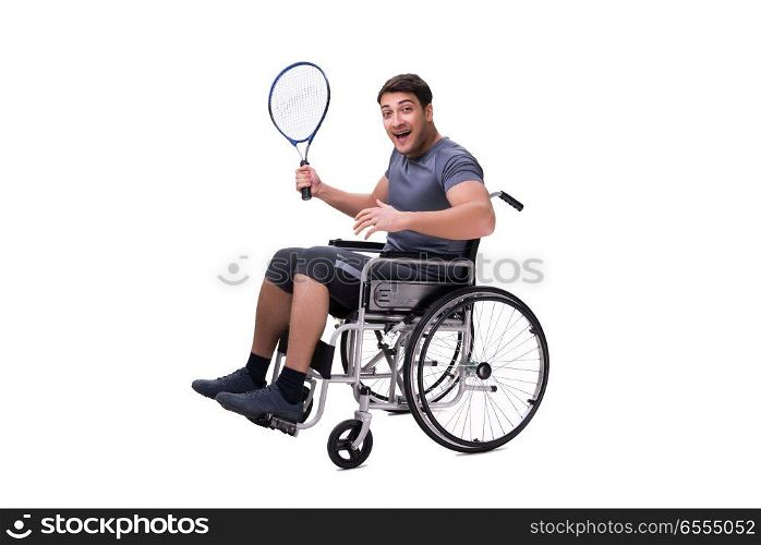 The tennis player recovering from injury on wheelchair. Tennis player recovering from injury on wheelchair