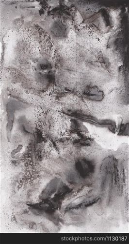 The texture of the spattered sheet. The white sheet is tinted with black ink. Ink streaks and spots on the sheet. Natural texture in black and white toned.