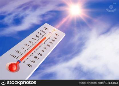 The thermometer on the background of the sun. 3d rendering.
