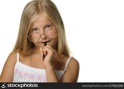 The thoughtful girl the blonde in glasses and with pen. It is isolated on a white background