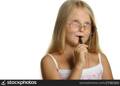 The thoughtful girl the blonde in glasses and with pen. It is isolated on a white background