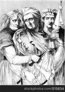 The three Fates, painting in the gallery of the Pitti Palace in Florence, vintage engraved illustration. Magasin Pittoresque 1844.