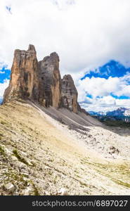 The three peaks, from left to right : Cima Piccola (2857 m), Cime Grande (2999 m), Cima Ovest (2973m).