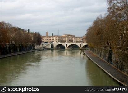 The Tiber River, Rome, Italia, swollen with flood waters
