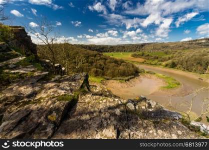 The tidal River Wye from the limestone cliffs of Wintour?s Leap, at Woodcroft, Gloucestershire, England, United Kingdom.