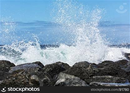 The tidal wave is broken into small splashes about the coastal stones