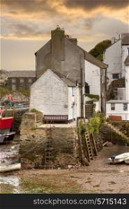 The tide out at the historic fishing village of Polperro, Cornwall, England.