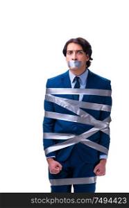 The tied employee with tape on mouth isolated on white. Tied employee with tape on mouth isolated on white