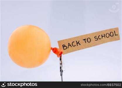 The title back to school and a balloon on white background