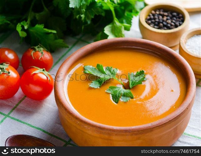 The tomato soup prepared in traditional italian style. Tomato soup prepared in traditional italian style