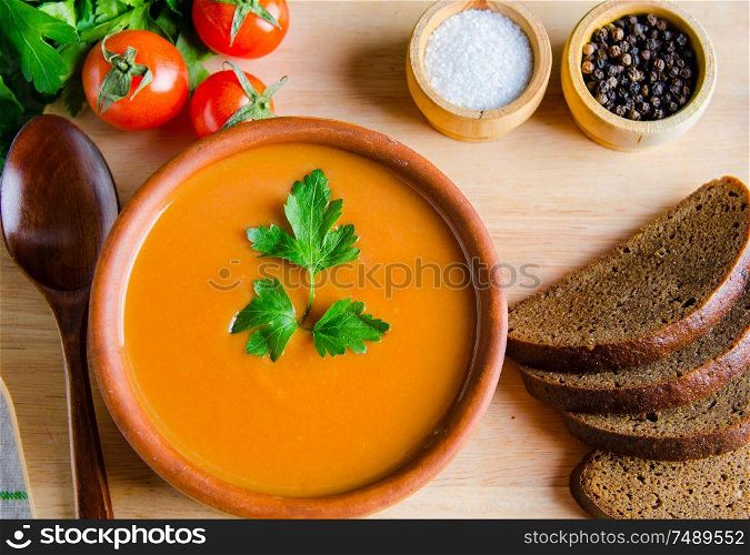 The tomato soup prepared in traditional italian style. Tomato soup prepared in traditional italian style
