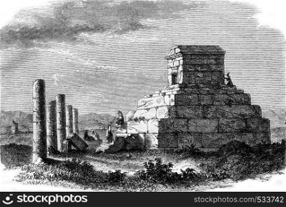 The Tomb of Cyrus in Persia, vintage engraved illustration. Magasin Pittoresque 1853.