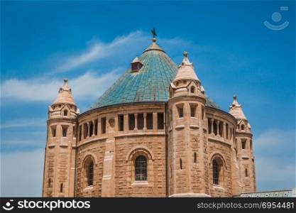 The top part of the Abbey of the Dormition building at Mount Zion in Jerusalem.