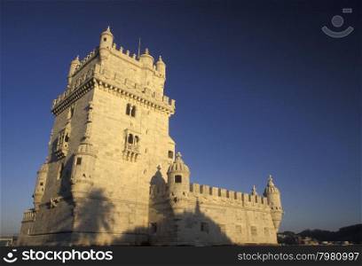 the Torre de Belem in Belem in the city of Lisbon in Portugal in Europe.. EUROPE PORTUGAL LISBON TORRE DE BELEM