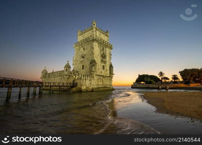 the Torre de Belem or Belem Tower at sunset on the Rio Tejo in Belem near the City of Lisbon in Portugal. Portugal, Lisbon, October, 2021