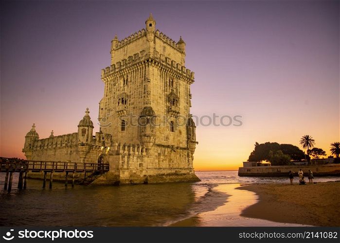 the Torre de Belem or Belem Tower at sunset on the Rio Tejo in Belem near the City of Lisbon in Portugal. Portugal, Lisbon, October, 2021