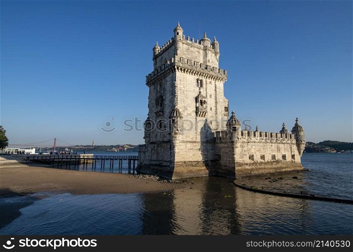 the Torre de Belem or Belem Tower on the Rio Tejo in Belem near the City of Lisbon in Portugal. Portugal, Lisbon, October, 2021
