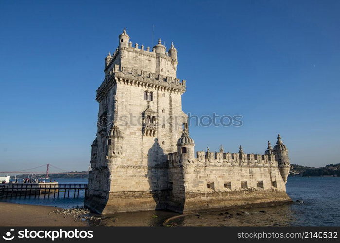 the Torre de Belem or Belem Tower on the Rio Tejo in Belem near the City of Lisbon in Portugal. Portugal, Lisbon, October, 2021