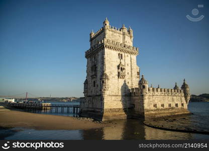 the Torre de Belem or Belem Tower on the Rio Tejo in Belem near the City of Lisbon in Portugal. Portugal, Lisbon, October, 2021