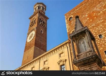 The Torre dei Lamberti is a medieval tower in Verona (Italy), 84 meters high, which rises from Piazza Erbe, the ancient Roman Forum, in the historic center of the city.